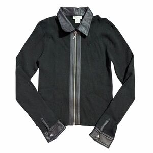 Vintage Y2K Cache Silk Blend Zip Up Sweater Faux Leather Trim Size Large